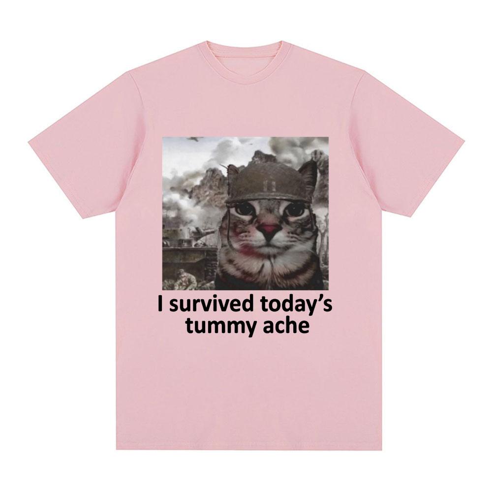 I Survived Today's Tummy Ache T-Shirt Funny Cat Meme Short Sleeve T Shirt Men Women Cotton Casual Oversized T Shirts Streetwear