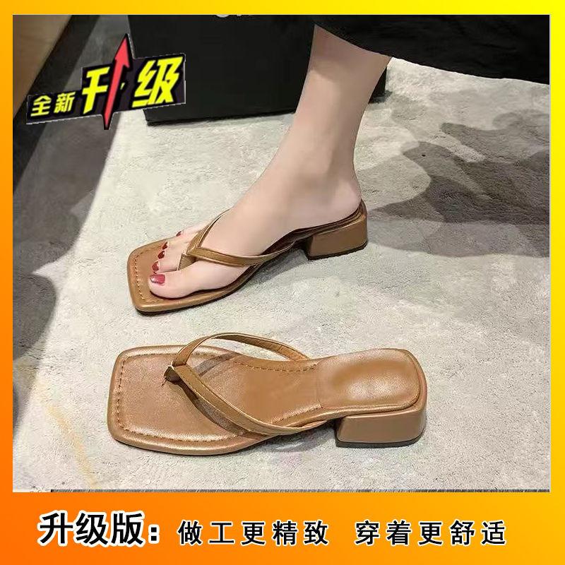 Middle heel toe lazy sandals casual sandals 2025 winter new square head Internet celebrity simple versatile flip-flops women