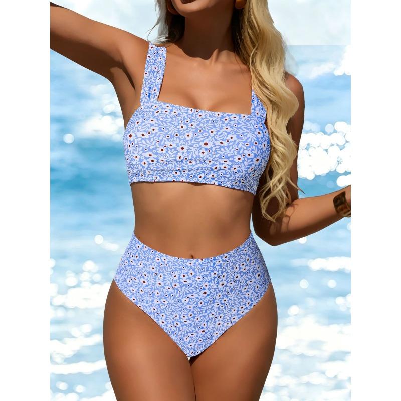New Split European and American Printed Bikini Swimsuit Women's Sexy Tube Top Retro Briefs Swimsuit