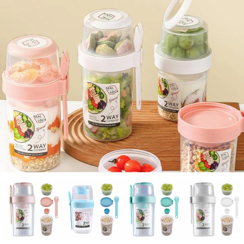 Double Layer Plastic Salad Cup with Spoon Lid Breakfast Cup Yogurt Cereal Overnight Oatmeal Sealed with Fork Portable Light Food