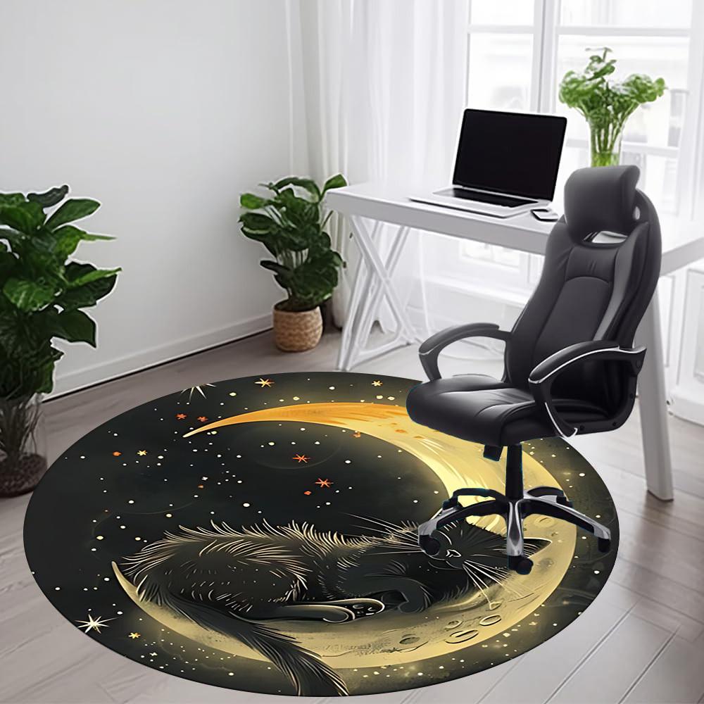 1PC Moon Cat Office Round Area Rug, Mat Suitable For Office, Under Office Chairs Bedroom Living Room Home Decor, Room Deco