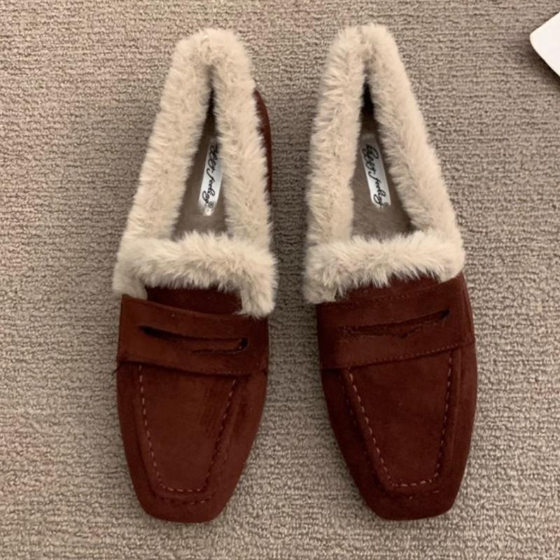 

Модные Зимние Теплые Пушистые Брендовые Балетки Женские Высокого Качества Искусственная Замша Швы Квадратный Носок Дизайн Лоферы Комфортные Нескользящие Zapatos De Mujer 40 коричневый