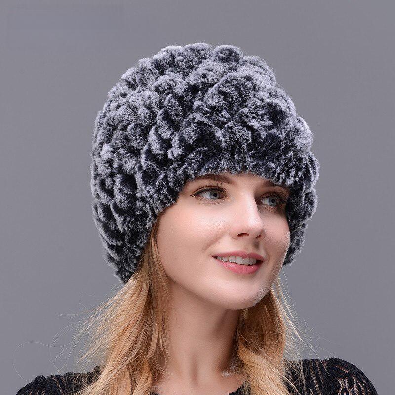 

WGLUVF Winter Women Rex Rabbit Fur Straw Hat Ski Hat Knitted Woolen Liner Hat A чорний/білий