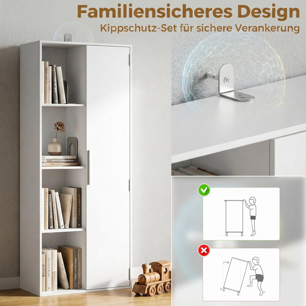 4-Tier Bookshelf with Adjustable Shelves, Shelf with Cabinet and Doors for Living Room, Study, White