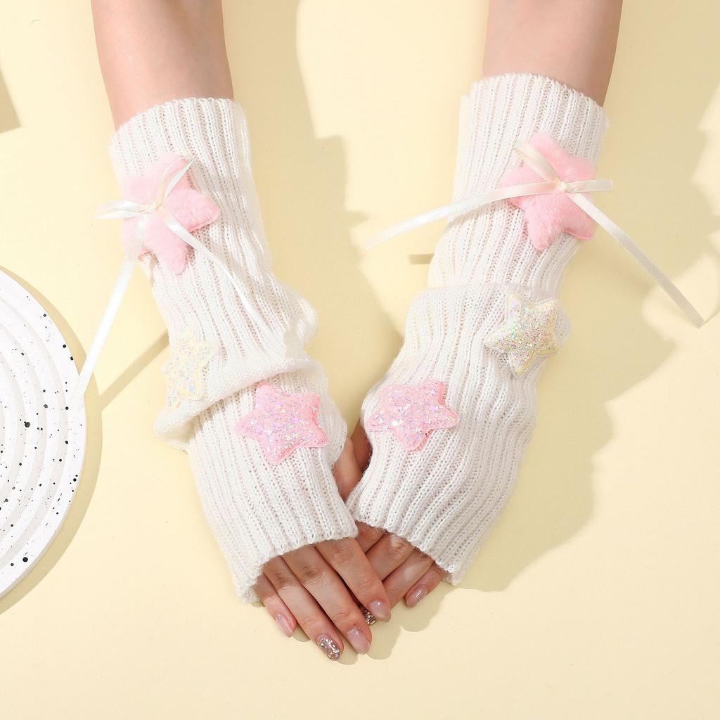 Plüsch-Stern-Armstulpen für Damen Herbst und Winter College-Stil Dui Dui Freiliegende Finger-Ärmel Gestrickte Warme Fake-Ärmel