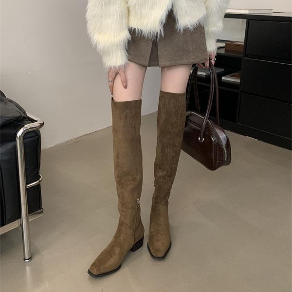 2025 Autumn and Winter New Square Head Thick Heel Simple Versatile Zipper High Boots