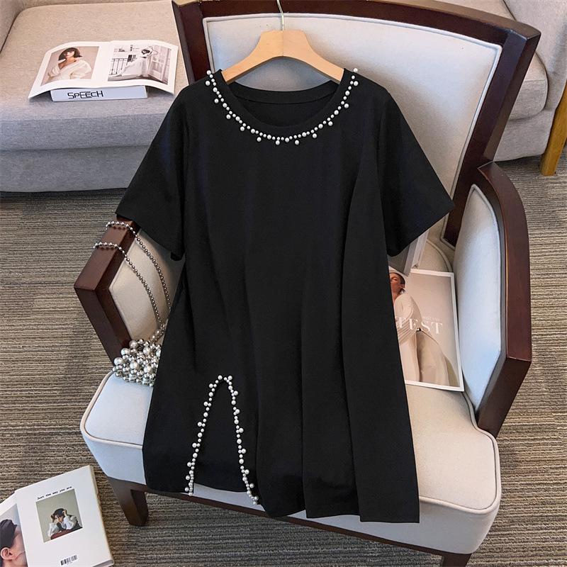 

Plus Size Slimming Mid-Length Split Short-Sleeve Round Neck T-Shirt for Women 4XL чёрный