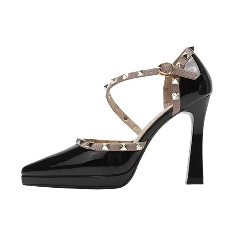 New waterproof table pointed rivets thick heel high heels women's word with sexy nude beautiful versatile high heels