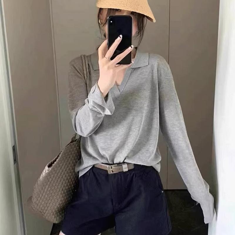 Korean Temperament Lapel Sweater Autumn Women Solid Color Long Sleeve Loose Versatile Knitted Top