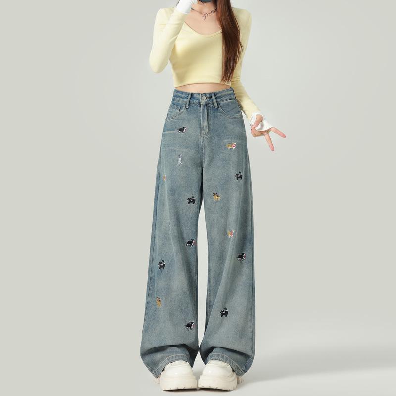 Women's Embroidered Puppy High Waist Wide Leg Jeans - Autumn/Winter