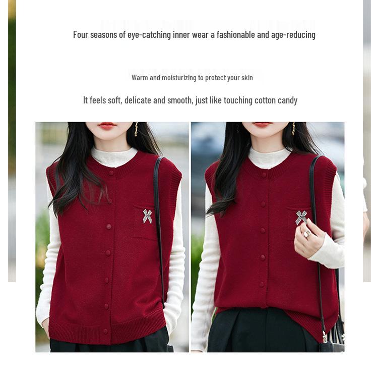 Damen Schicker Grauer Gestrickter Ärmelloser Weste - Rundhalsausschnitt, Lockere Passform Herbst Layering Top