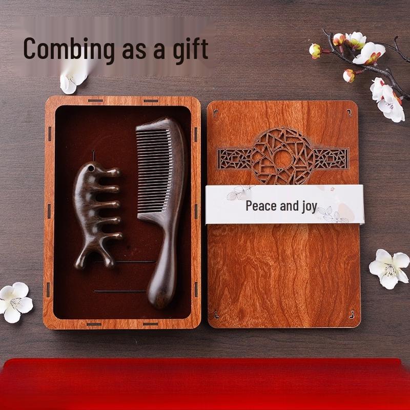 Natural Ebony Wood Massage Comb with Box