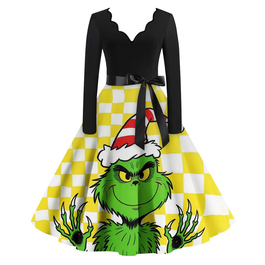 Ladies' Fashionable Retro Long Sleeved Square Neck Christmas Printed Evening Dress Dress