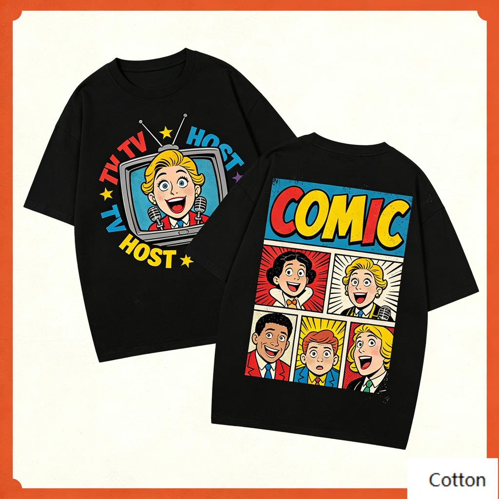 Vintage TV Host Comic Characters Print Pure Cotton TShirt Unisex Comedy Style Streetwear Oversized Top