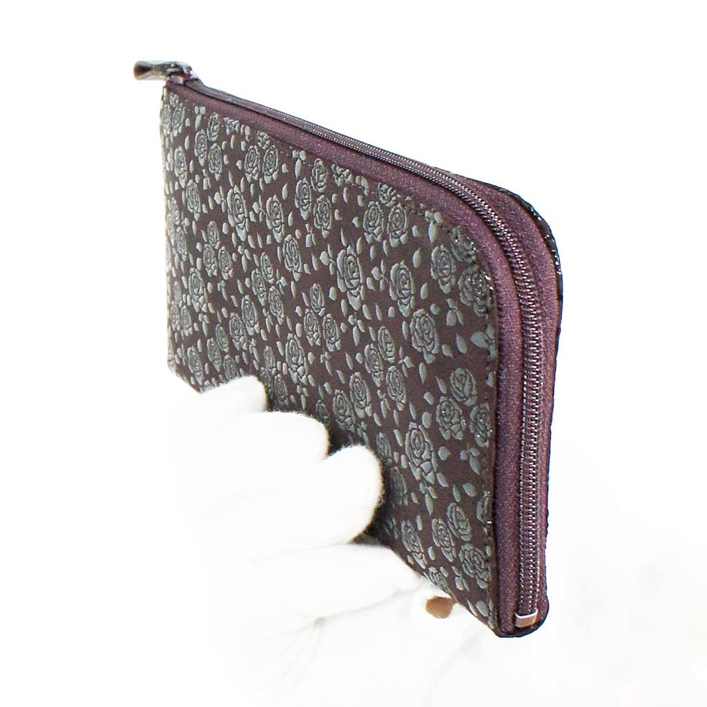 Inden Long Billfold Purple with Black Small Rose [Inden-ya] Wallet, A, L-shaped Zipper, Deerskin, Lacquer, Pattern, 2315-06-176
