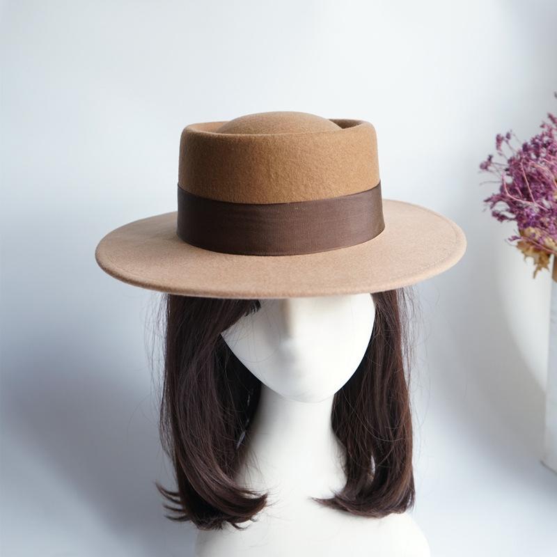 French Elegance Gradual Change Camel Color Matching Retro British Wool Woolen Flat Top Top Hat Women Autumn And Winter Felt Wide Brim Japanese