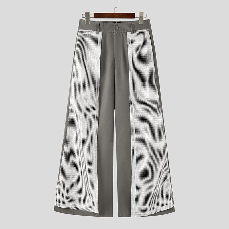 

INCERUN Men Zip-up Waist Netyarn Layers Patchwork Casual Long Wide Legs Pants Trousers 5XL сірий колір