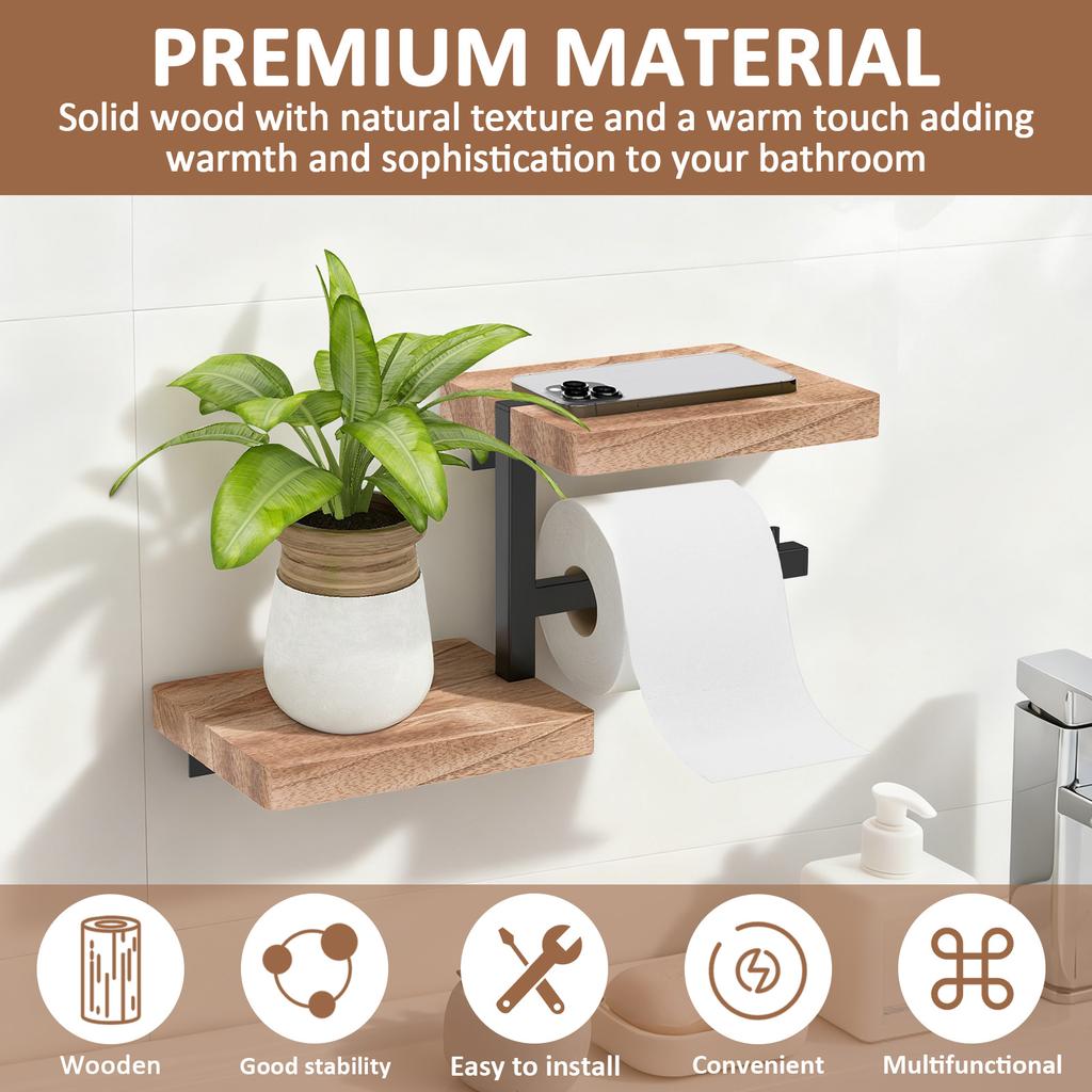 Toilet Paper Holder with Wooden Shelf Wall Mounted Tissue Roll Dispenser Hanger Decorative Bathroom Bar Kitchen Accessories
