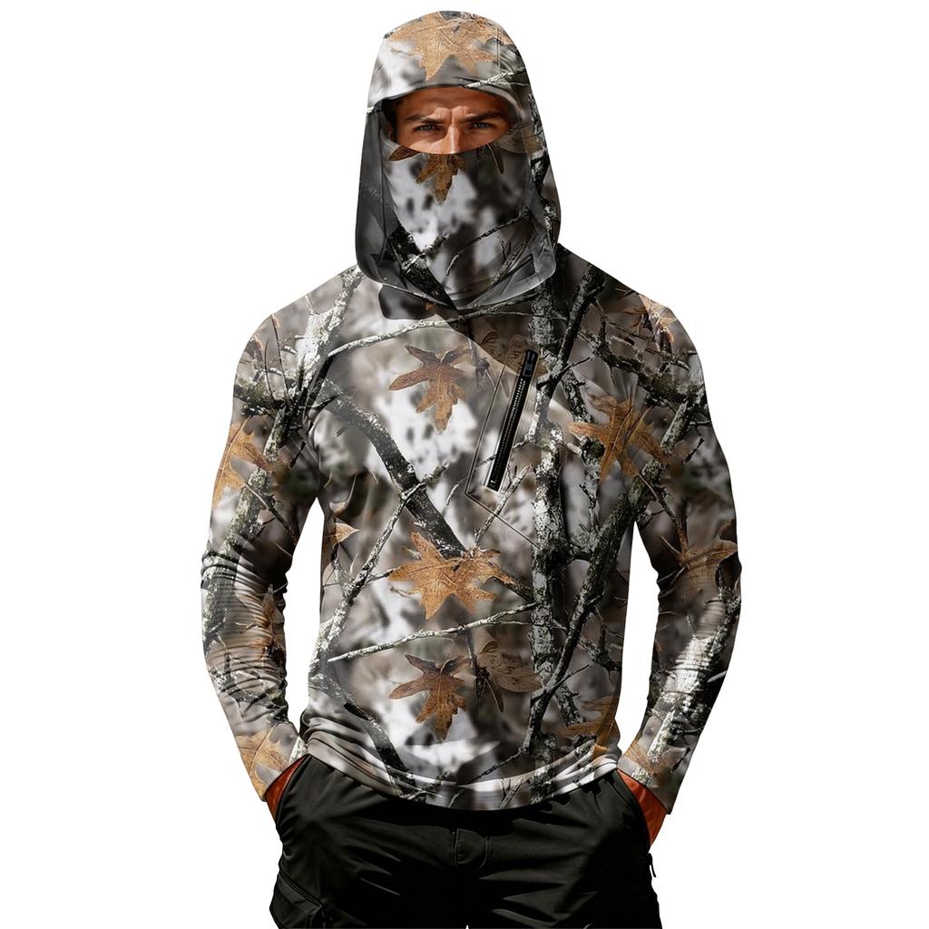 Men's Casual Hoodie Long Sleeve Lightweight Breathable Sun Protection Leaf Camouflage Printed Pullover Shirt with Hood and Chest Pocket