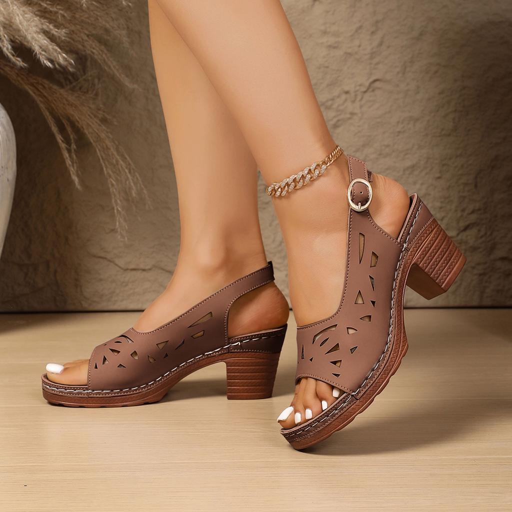 Women'S Business Sandals Summer Retro Mid Heel Openwork Carved Casual Chunky Heel Open Toe Slipper Shoes Sandalias De TacóN