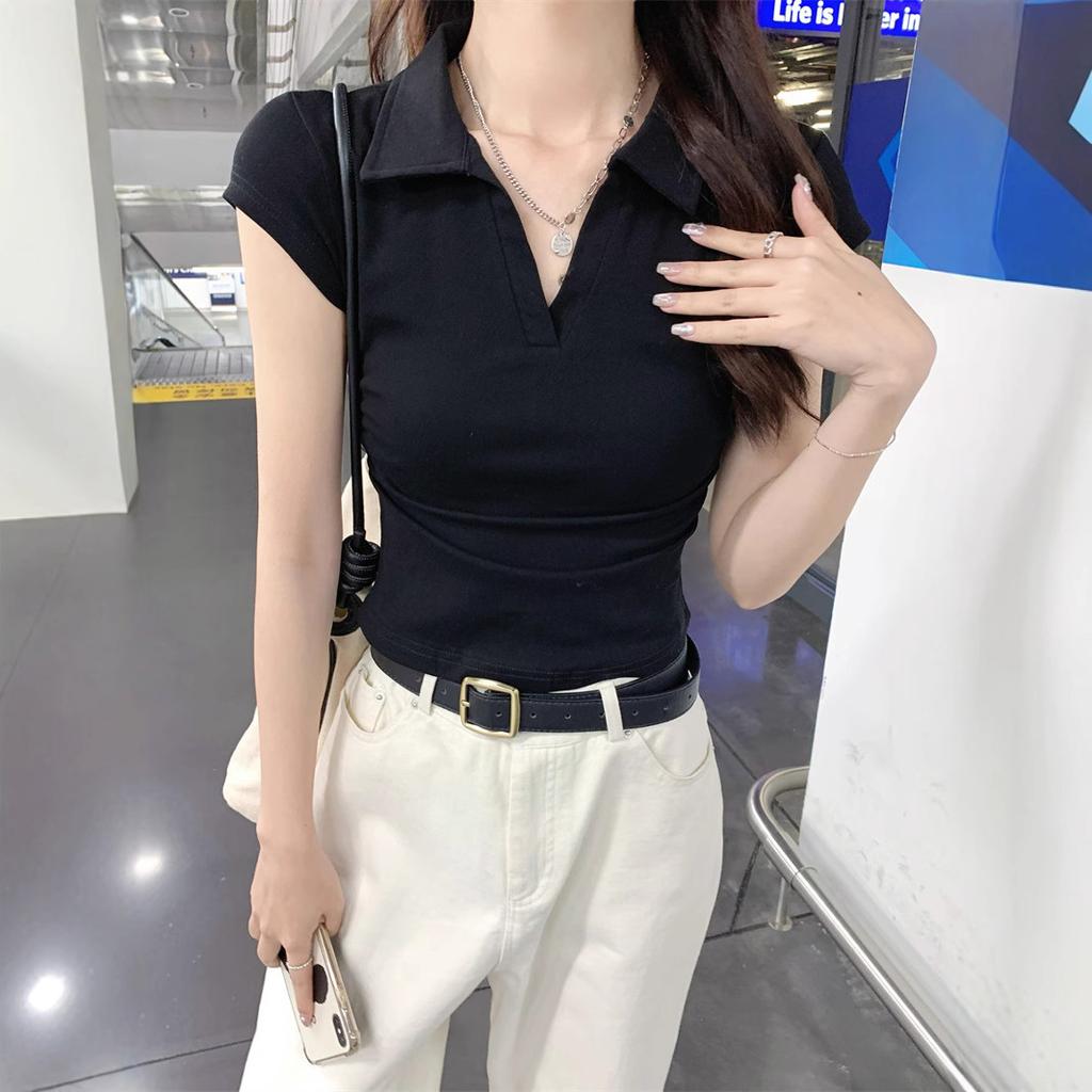 Ins Pure Desire Polo Collar Spice Girl Short Pleated Short-sleeved T-shirt Women's Summer Slim and Thin Short-sleeved Top Women's Wholesale