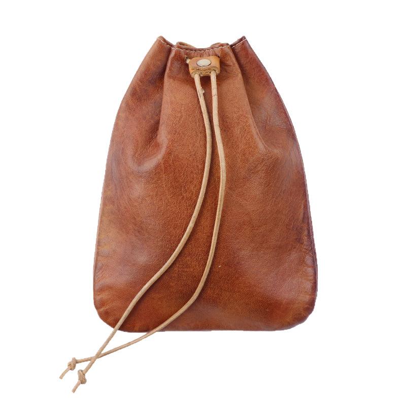 European and American Retro Style Top Layer Cowhide Money Bag, Hand Polished Portable Coin Bag, Drawstring Pocket, Change Leather Bag, Stationery Bag