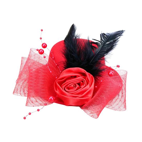 Retro Pillbox Hat with Feathers 20s 50s Elegant Rose Hat Mesh Bow Pillbox красный