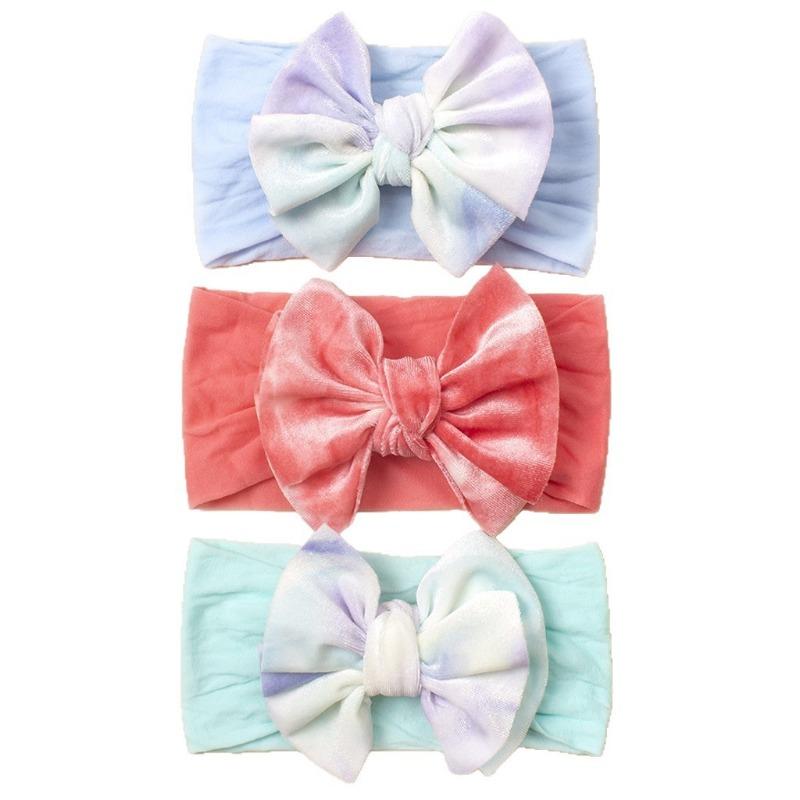 Children's nylon headband three-piece set, cute new headscarf set, golden velvet bow baby headband.