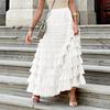 Cake Skirt Elastic High Waist A-Line Skirt Pure Color Multi Layer Ruffle Trim Mesh Hem Midi Skirt Work Leisure Wear