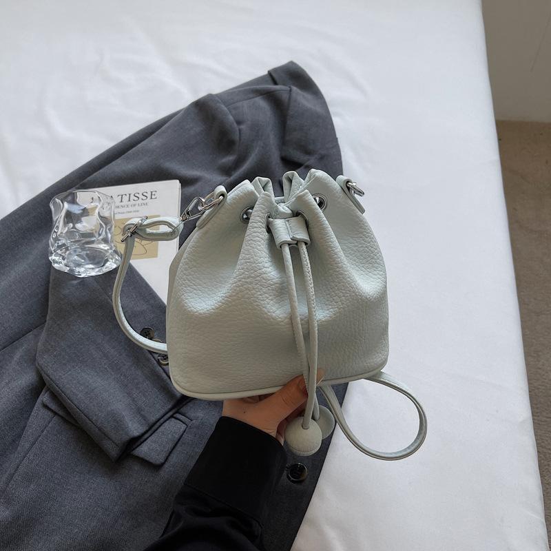 New Womens Fresh Drawstring Shoulder Bag Casual Minimalist Crossbody Underarm Bag Fashion Lychee Grain Bucket Phone Coin Bag
