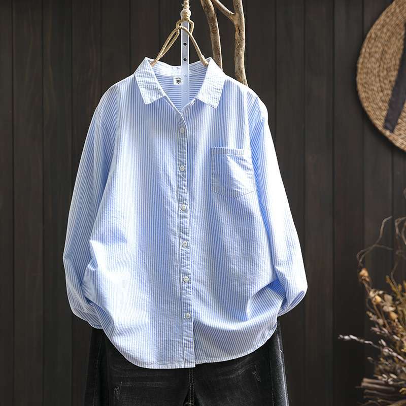 Pocket Vertical Striped Long-sleeved Shirt for Women Loose Casual and Versatile Base Top