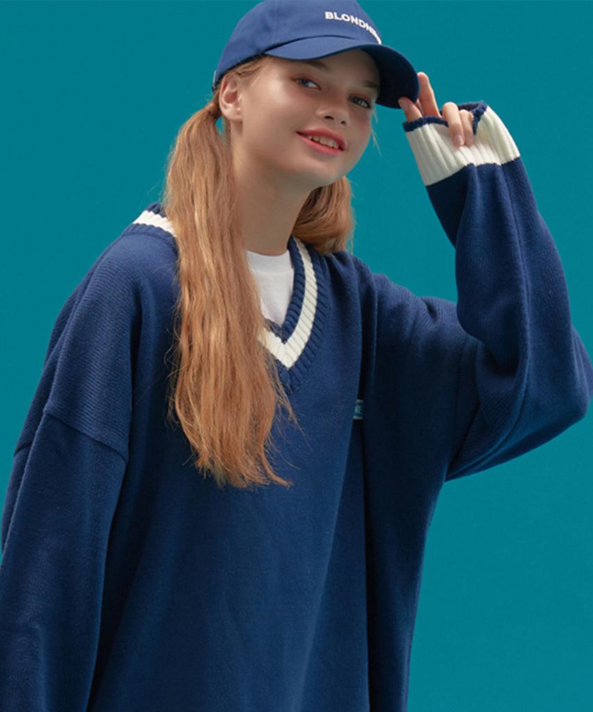 BLOND9 Basic V-Neck Knit Sweater_Blue