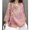 Asymmetrical Linen Frog Button Chinese Style Shirt, Spring/Summer 2026, Slimming Three-Quarter Sleeve Pullover.