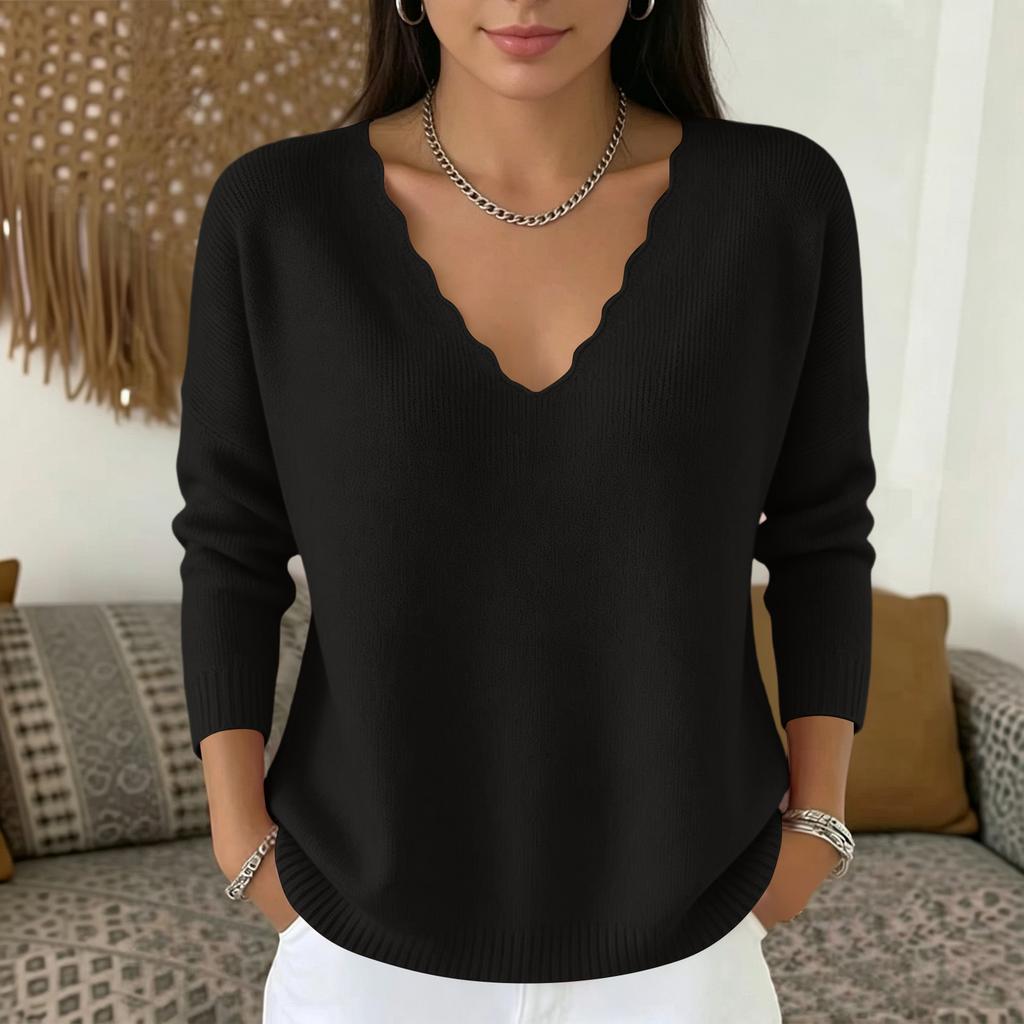 Women's V-Neck Long Sleeve Knit Top Color Casual Sweater for Everyday Wear