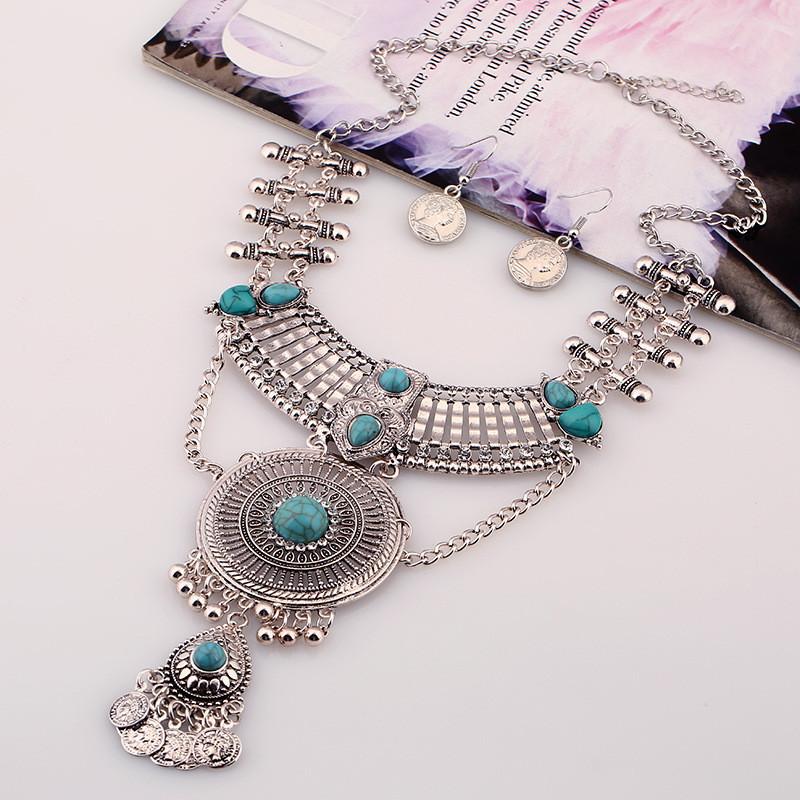 Ethnic Style Simulation Gemstone Decoration Women Necklace And Earring Set