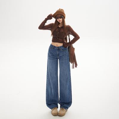 Back Pocket Design Low Waist Loose Wide Leg Pants Autumn and Winter American Retro Straight Leg Pants Thin Jeans Women's New