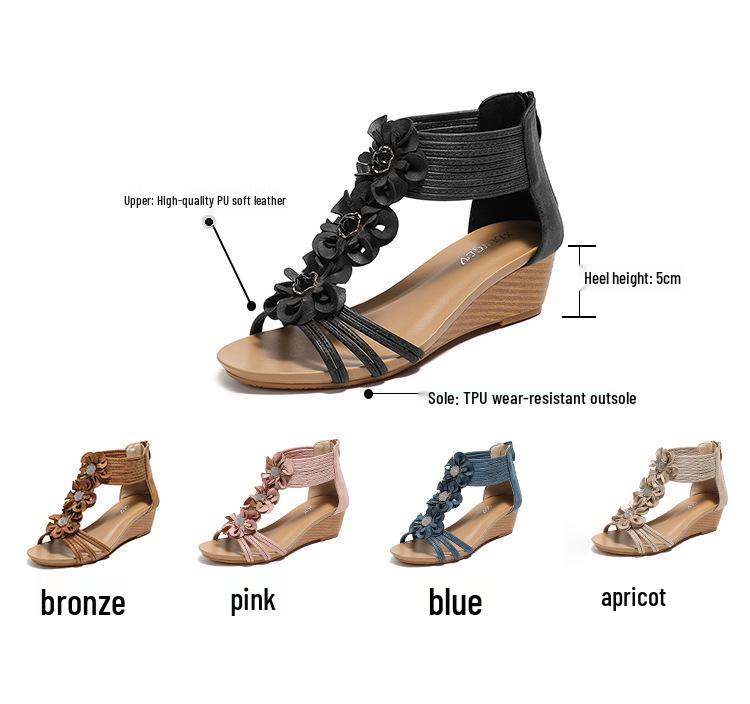 Boho etnické klínové sandály s retro květinovým designem a zadním zipem, edice 2025.