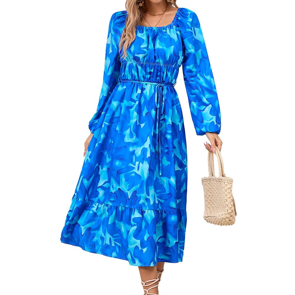 Spring and Autumn Women's Long Sleeve Printed Dress Slim Temperament Mid-Length Dresses