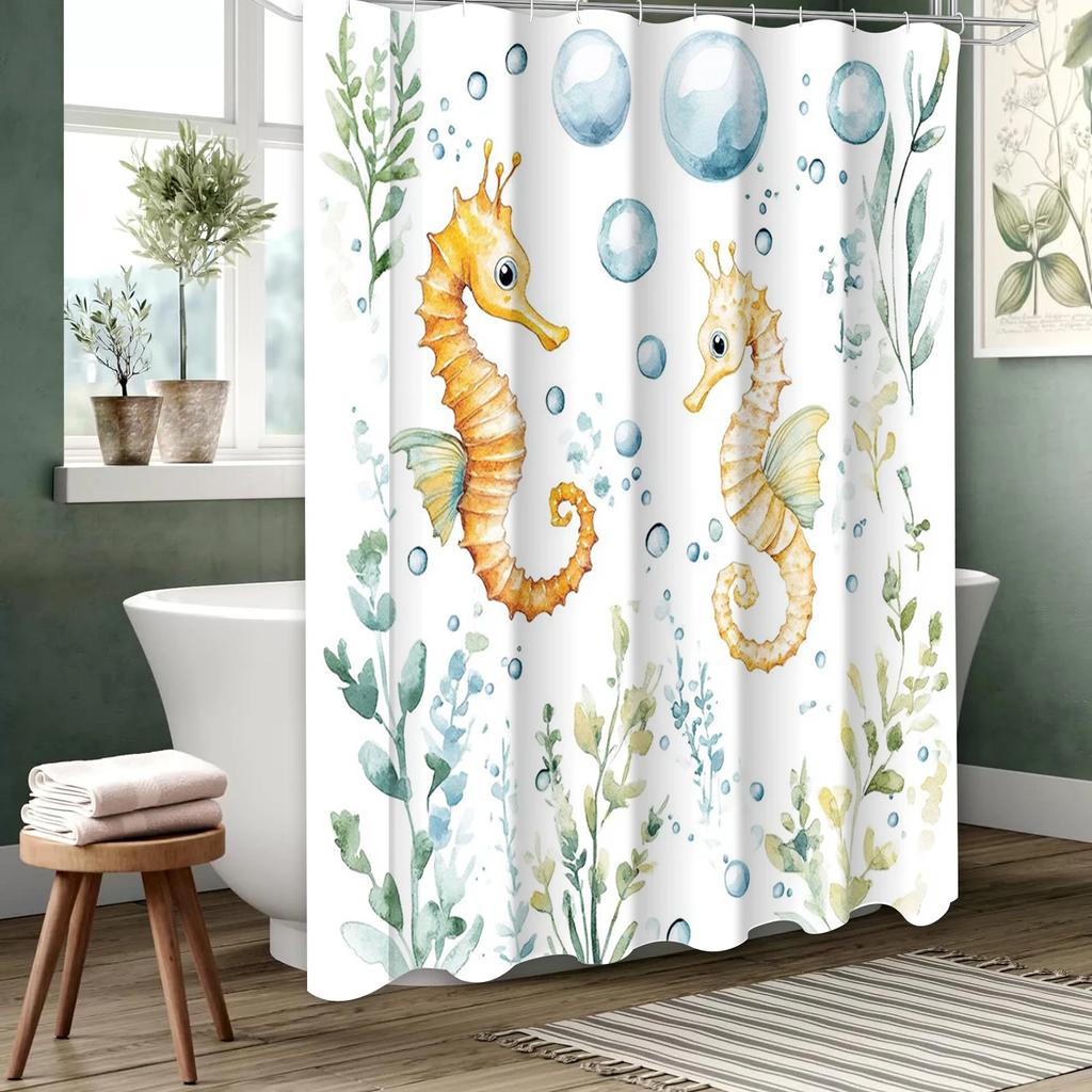 Sea World hippocampus Bathing Curtain  Bathroom Nordic green leaf  Shower Curtain Waterproof With 12 Hooks Home Deco
