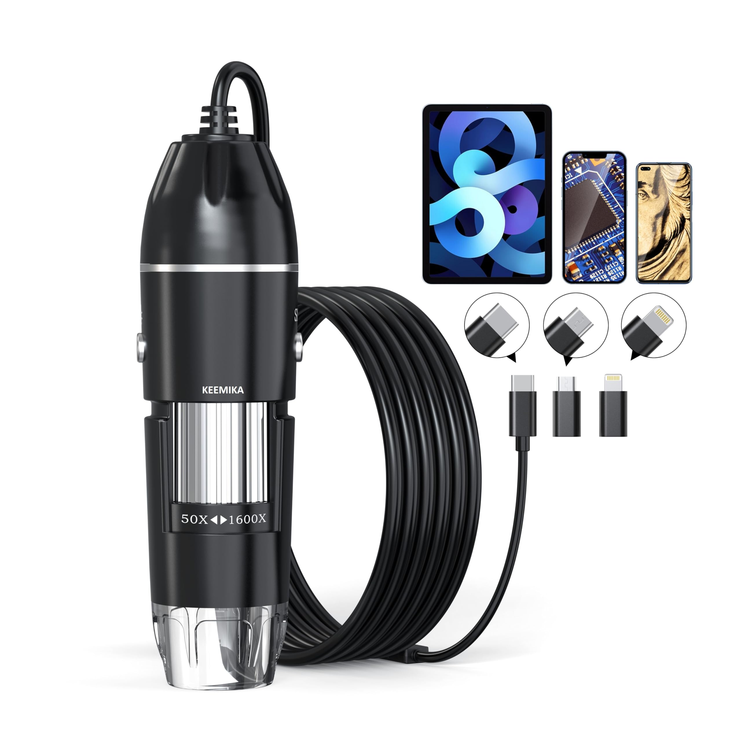 

USB Digital Microscope, 50x-1600x Magnification Handheld, 1440P HD, 8 LED Lights, Portable Pocket Microscope, Compatible with iOS and Android