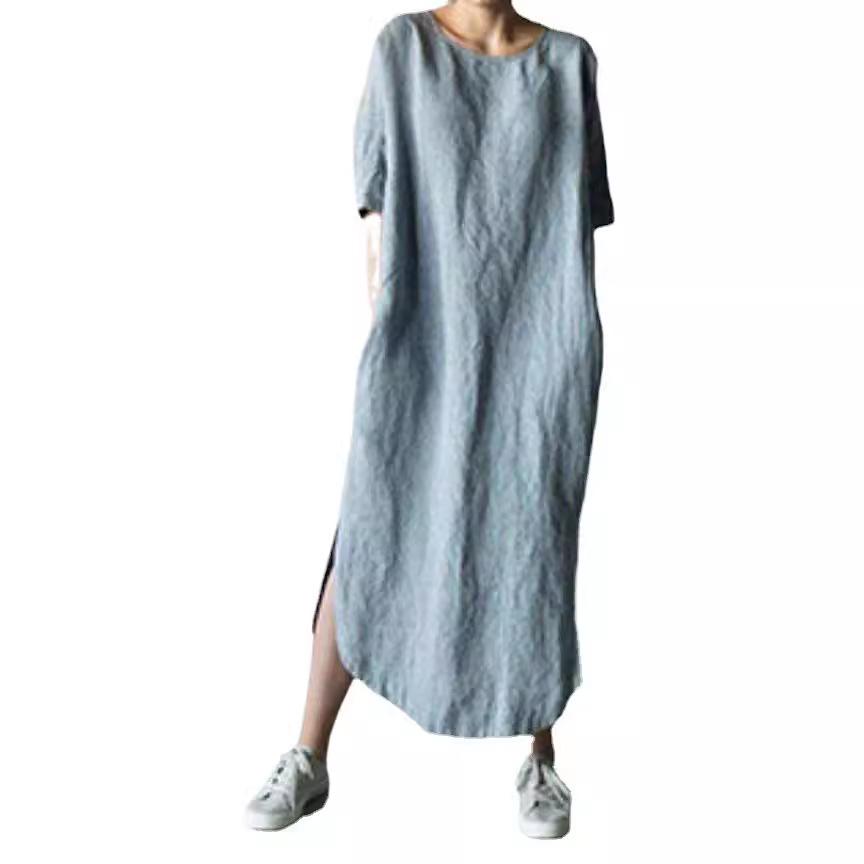2024 Solid Color Crew Neck Side Slit Mid-Calf Dress with Short Sleeves