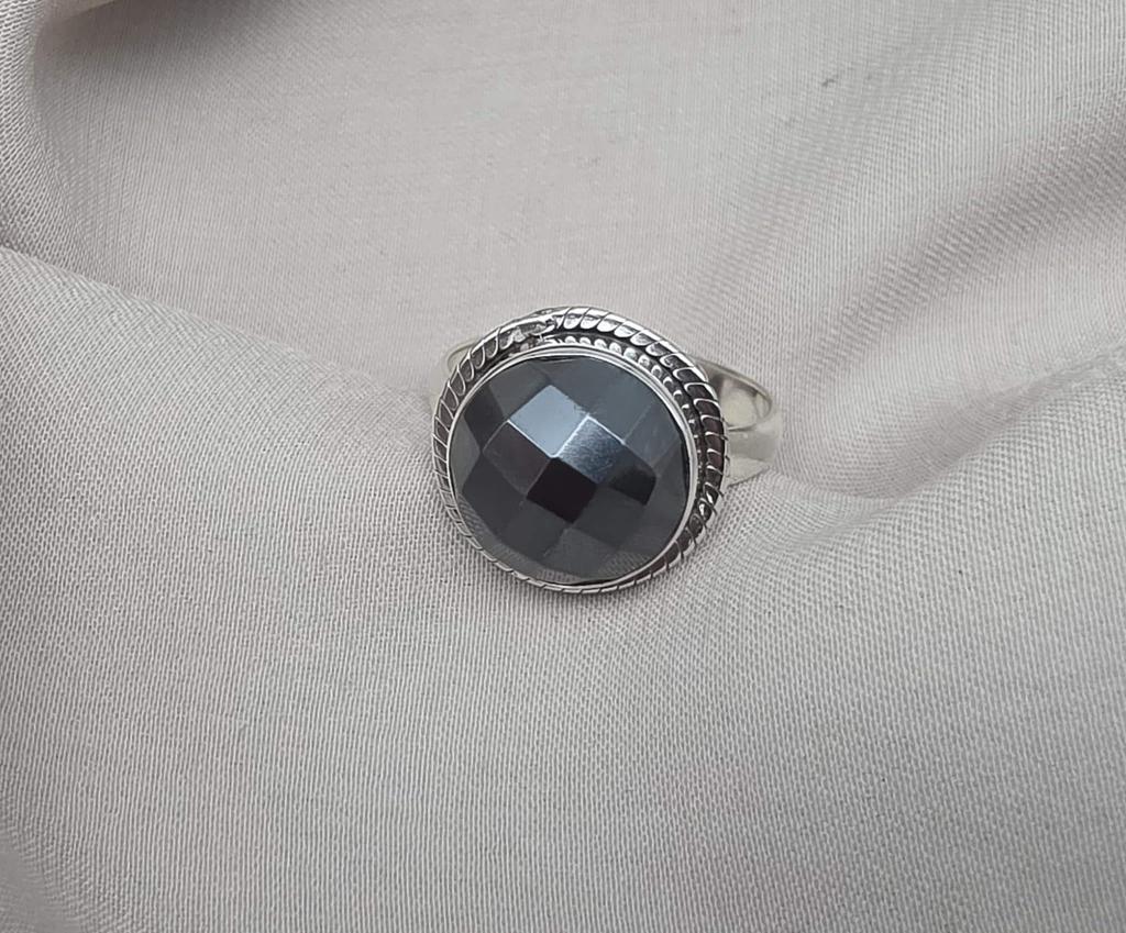 925 Sterling Silver Hematite Ring Faceted Round Gemstone Boho Minimalist Silver Jewelry