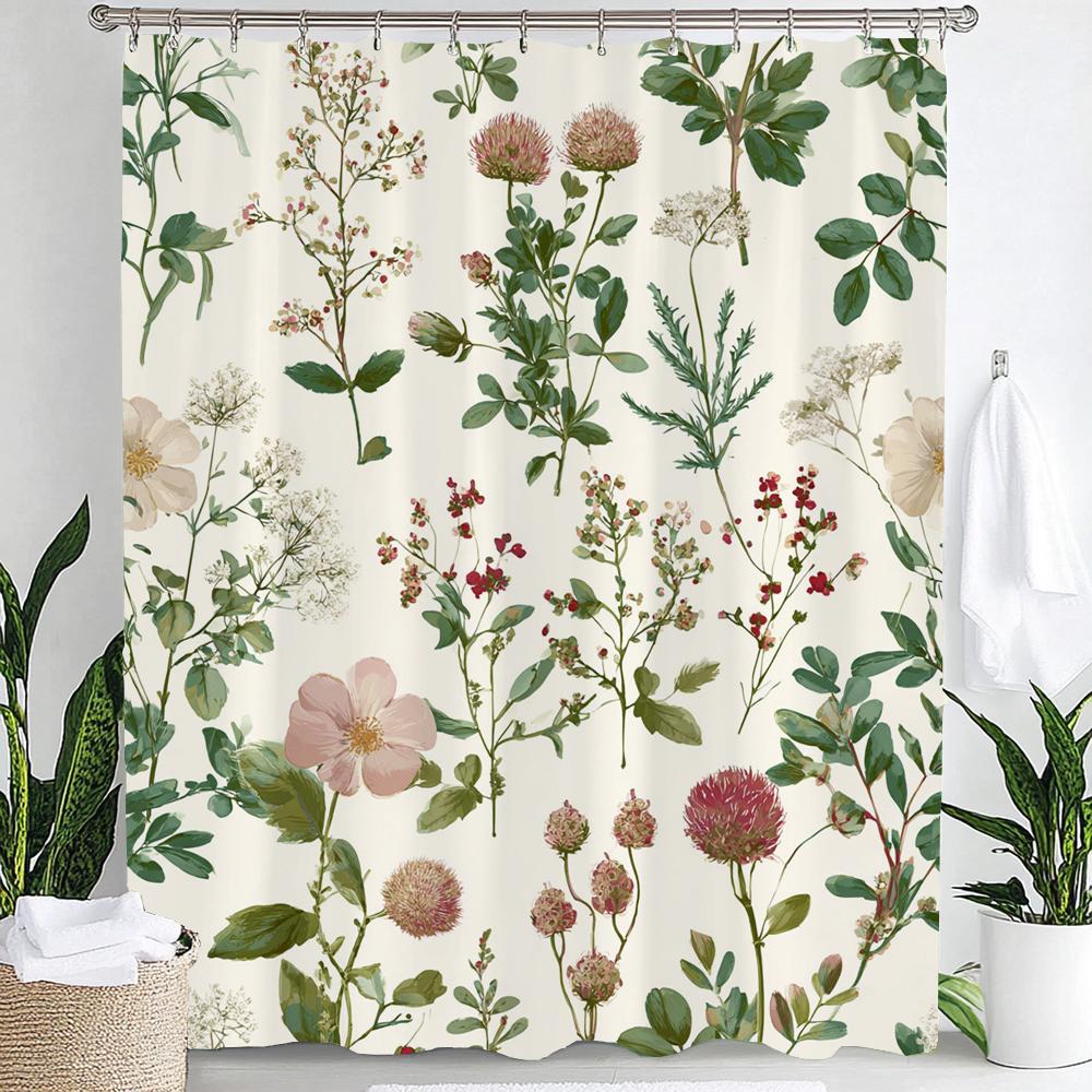 Vintage Botanical Print Floral Shower Curtain, Bathroom Decorative Shower Curtain, Waterproof Shower Curtain with Hooks