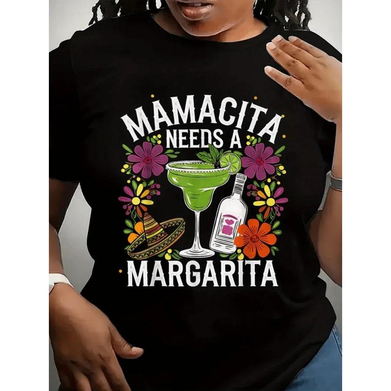 Plus Size Women's Dress, Plus Size Women's Mamacita Needs A Margarita Graphic T, Shirt Cinco De Mayo Fiesta Design with Floral And Sombrero Accents