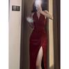 Xiaoke Wiwi Western Style Shiny Hanging Neck Dress Elegant Banquet Red Formal Dress Sexy Split Long Dress