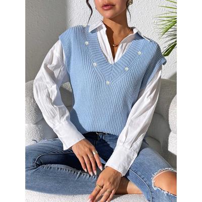 Women's Autumn and Winter V-Neck Simple Beaded Woven Sweater Vest