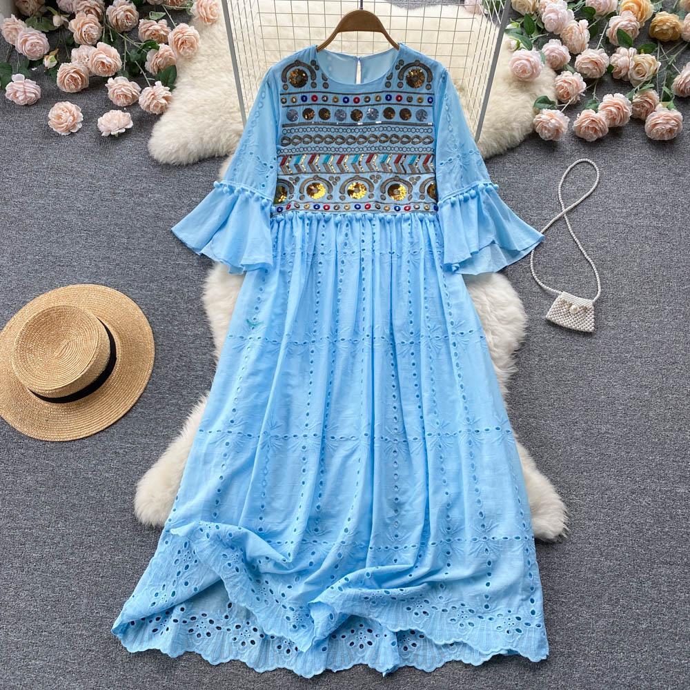 RUGOD French Retro Ethnic Embroidered Round Neck Flared Sleeve Dress Women's Loose Temperament All-match A-line Long Dress