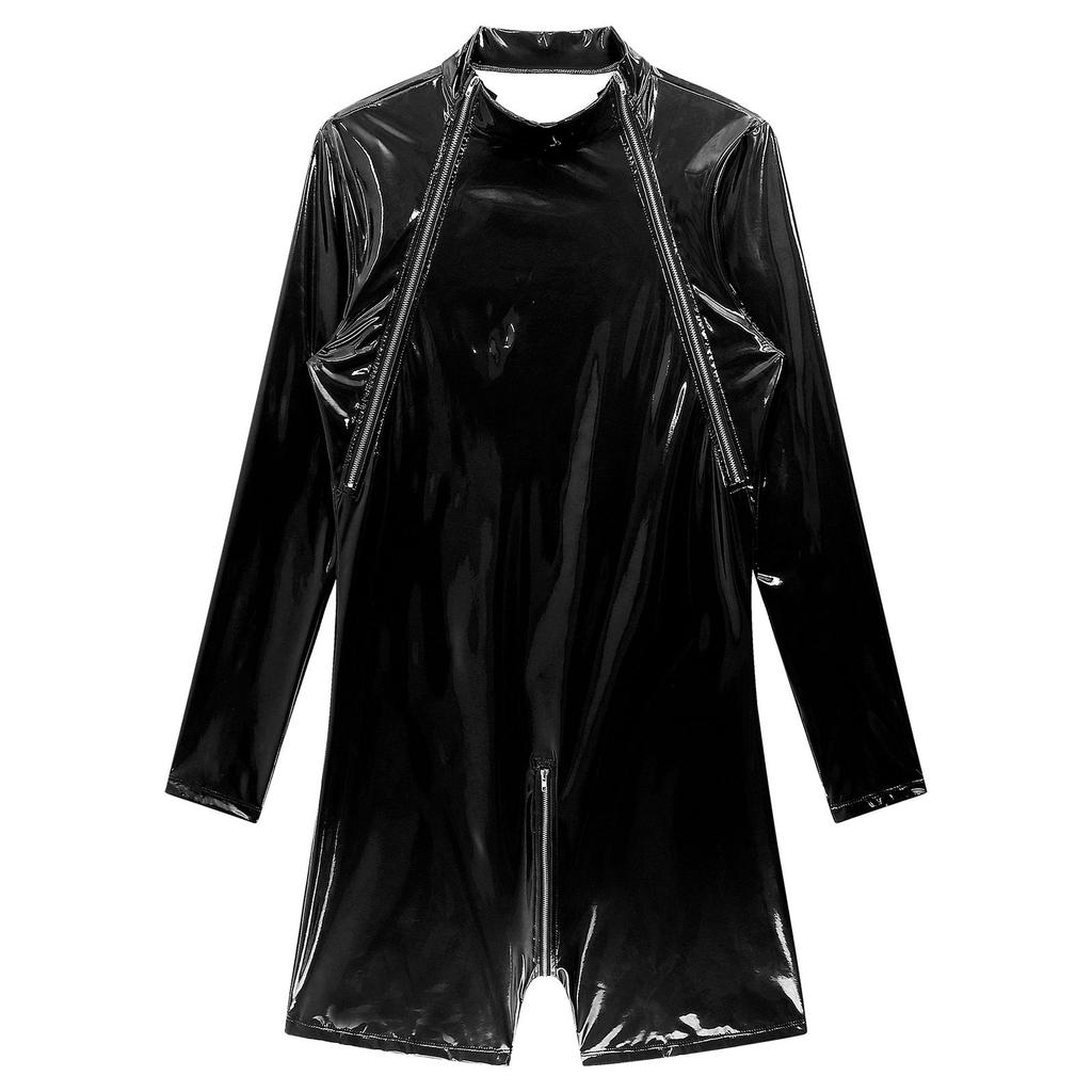 Muži Wet Look Lakovaná kůže Slim Fit kombinézy Dlouhý rukáv Zip v rozkroku Trikot Body Catsuit Clubwear