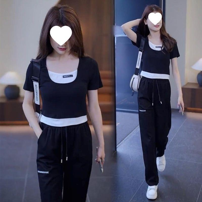 Short-sleeved Casual Sports Suit for Women Summer Splicing Fashionable Temperament Fake Two-piece Top Wide-leg Pants Two-piece Set