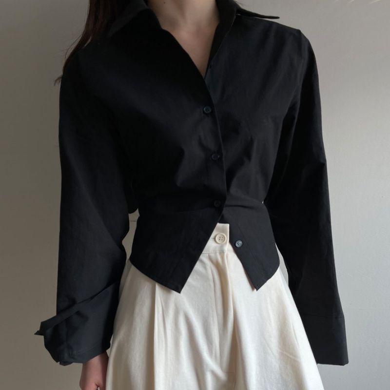 Korea 2025 Podzimní móda Slim Fit Halenka s odhalenými zády a křížovým vázáním, dlouhým rukávem a klasickým límečkem